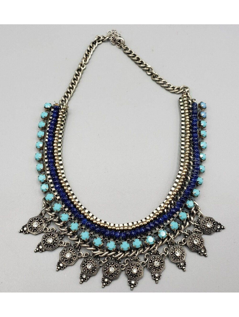 Costume Necklace Choker Bib Style Faux Turquoise Cobalt Beads Charms